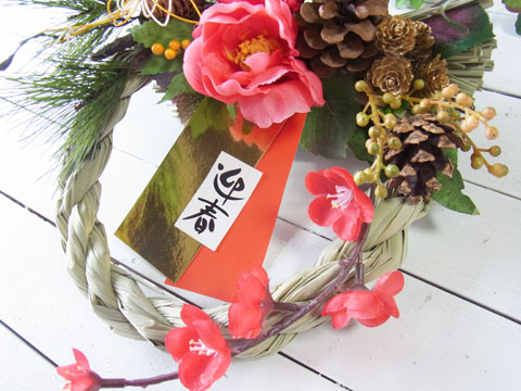 画像: ＊お正月飾り＊しめなわリース（W椿×鶴（白））[W-17170] 