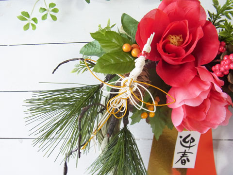 画像: ＊お正月飾り＊しめなわリース（W椿×鶴（白））[W-17170] 