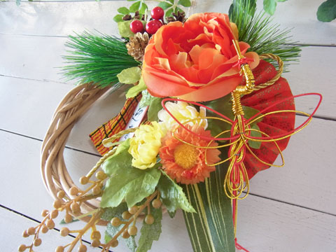 画像: ＊お正月飾り＊しめなわリース/ラウンドD（橙×鶴）[W-17181] 