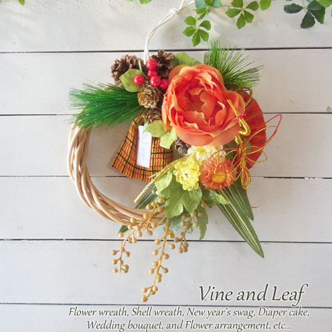 画像: ＊お正月飾り＊しめなわリース/ラウンドD（橙×鶴）[W-17181] 