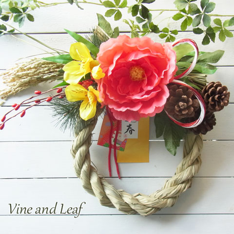 画像: ＊お正月飾り＊しめなわリース（芍薬と稲穂）[W-17185] 