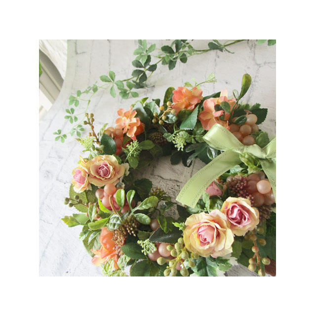 画像: オレンジのバラとブドウのフラワーリース〜長く飾れるアートフラワーリース