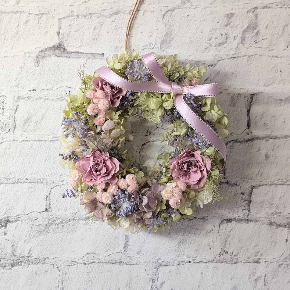 画像1: シャビーシックな紫陽花とオールドローズのガーデンリース（プリザーブドフラワー）