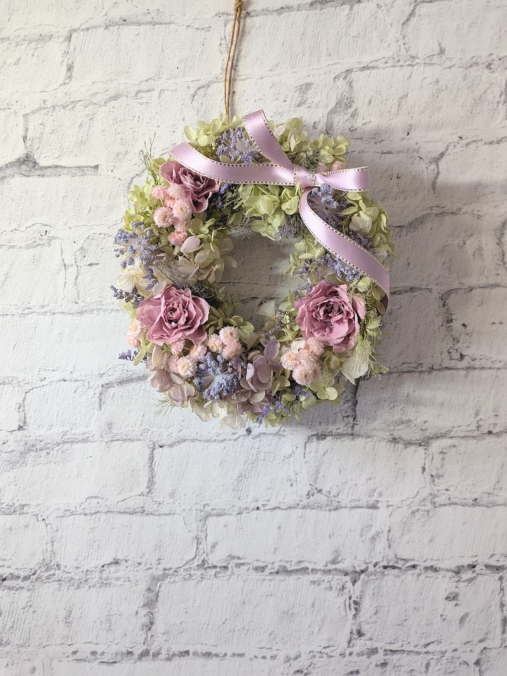 画像: シャビーシックな紫陽花とオールドローズのガーデンリース（プリザーブドフラワー）